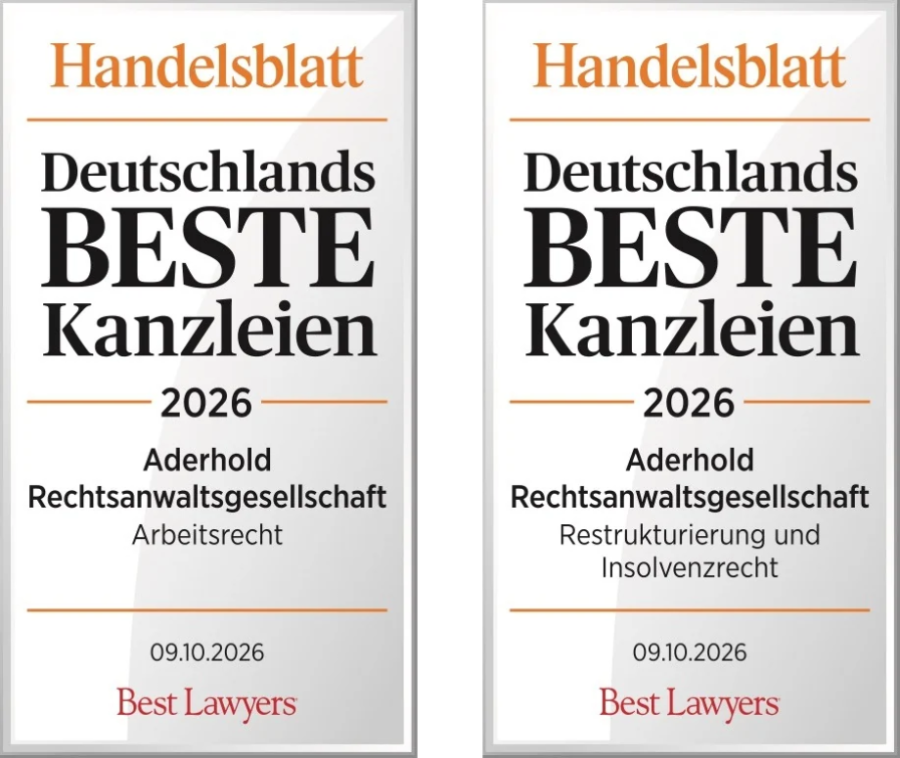 Das Bild zeigt zwei Siegel vom Handelsblatt - eine Auszeichnung f&uuml;r Aderhold f&uuml;r beste Kanzleien 2026
